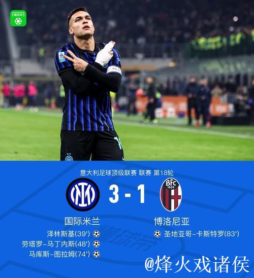 劳塔罗传射立功，泽林斯基图拉姆进球，国米3-1战胜博洛尼亚